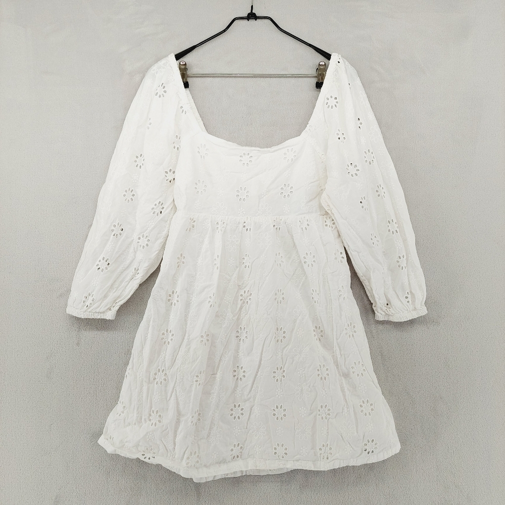 NEW BP White Eyelet Cotton Mini Dress Long Puff Sleeves P2548